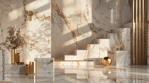A luxurious display of marble and gold accents, with a focus on the golden ratio in the composition