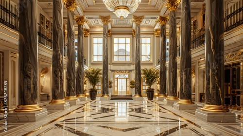 A grand composition of marble columns and gold details, with space around to enhance the luxurious feel