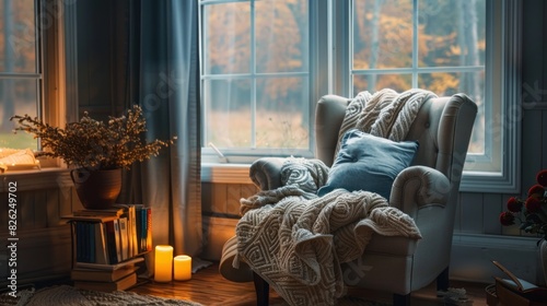A cozy reading nook by a window, with a comfortable armchair, a blanket, a stack of books, and soft diffused light creating a peaceful and inviting space for relaxation