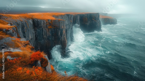 A breathtaking image of a coastline with waves crashing against the cliffs, showcasing the contrast between the land and sea