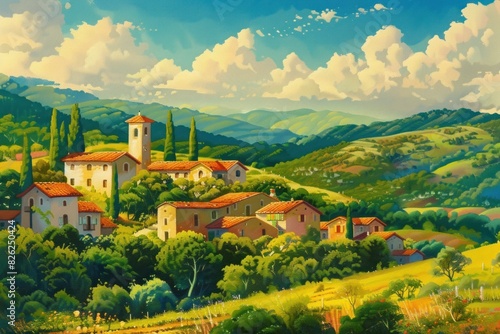 Beautiful and serene idyllic tuscan landscape painting capturing the picturesque scenery of a traditional italian village nestled among rolling hills. Lush greenery