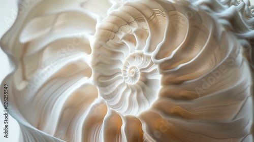 Amazing close-up of a seashell, showing the intricate details of its spiral shape. The shell is white and smooth, with a pearlescent sheen.