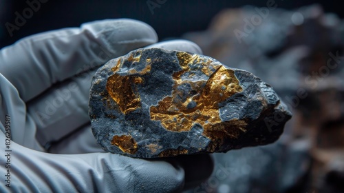 A geologists gloved hand holds a gold-bearing rock sample, highlighting the minerals rich, intricate gold veins.