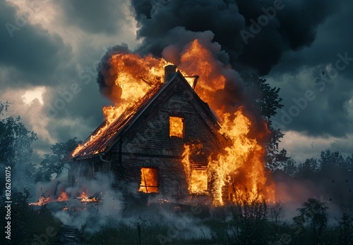 Płonący dom. Unoszący się czarny dym
