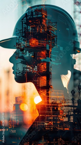 Silhouette of a worker wearing a helmet overlaid with a construction site background, highlighting industrial progress and labor synergy.
