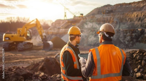 Two workers in safety vests and helmets discuss progress at an excavation site with large machinery operating in the background during sunset.