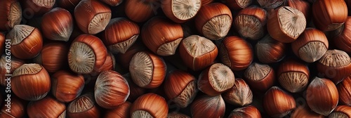 Hazelnuts harvest. Filbert wallpaper. Full frame of hazel in the shell. Cobnut background. A lot of nut kernels. Healthy organic bio products. Vegetarian, vegan, raw food. Back to nature. Healthy fat