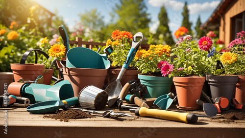 several gardening tools and flower pots on a wooden table with dirt on the ground