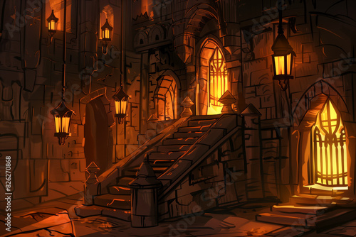 Old castle interior with stairs, lit by torches and lanterns, fantasy dungeon, warm light, illustration