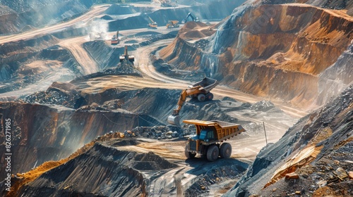 A dump truck drives through a massive open pit, hauling materials for construction or mining operations.