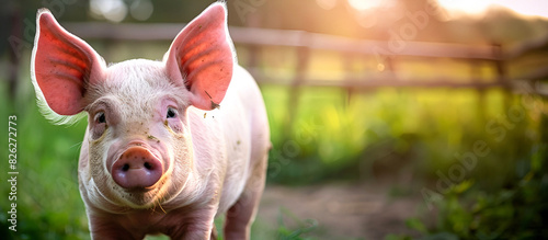 Curious pig on a sunny farm field