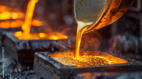 Molten metal is being poured into molds in an industrial foundry setting. The intense orange glow emanates from the liquid metal, emphasizing the high temperature and evening atmosphere.