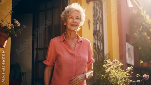 portrait of a senior posing on the house entrance in single family house; smiled elderly lady in her 70s or 80s; concept of taking care of seniors; helping to senior grandmother with groceries