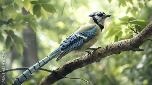  A blue-and-white bird perched on a leaf-laden branch of a tall tree