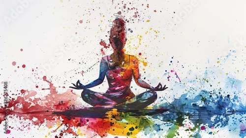 Painting of a woman sitting cross-legged in a meditation position with colorful paint splashes on a white background