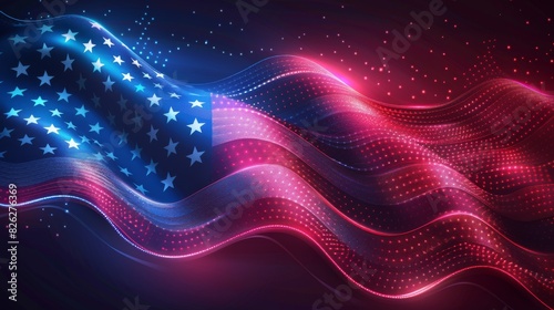 Futuristic neon American flag with glowing red, white, and blue lines on a dark background. Flag Day