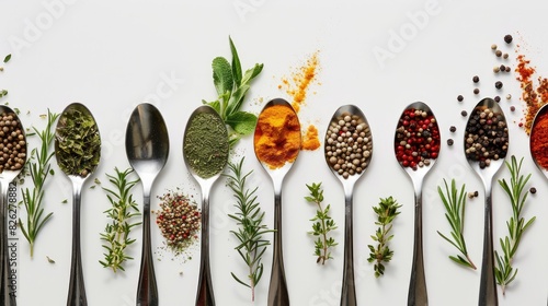 Mediterranean herbs and spices with silverware on a white backdrop