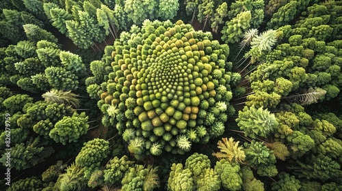  A panoramic image of a lush forest with numerous trees in the foreground and a bird's-eye perspective of the treetops