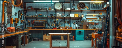 High-contrast workshop interior with organized tools and central workbench