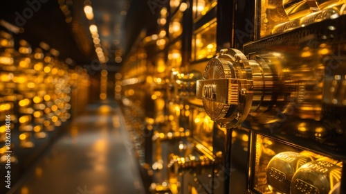 Rows of golden safety deposit boxes are stored securely in a vault. The warm golden light reflects off the polished metal surfaces.