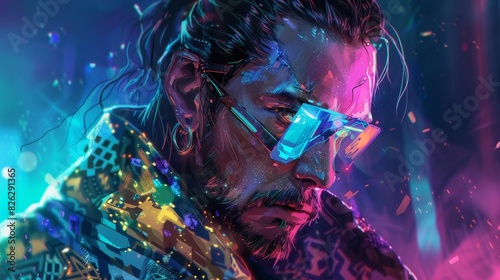 A futuristic pirate captain with a glowing neon eye patch and holographic and translucent fluorescent coat, in an anime style of fantasy realism