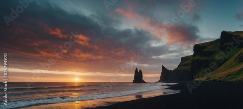 nbelievable sunset on Reynisdrangar cliffs in Atlanti