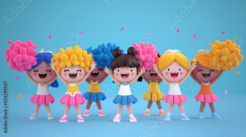 A 3D animated cartoon depicting a cheerleader group with pom poms.