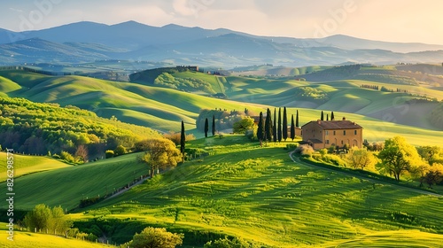 Stunning Tuscan countryside with rolling hills at sunset. Beautiful landscape view with green fields and distant mountains. Ideal for travel and nature concept. AI