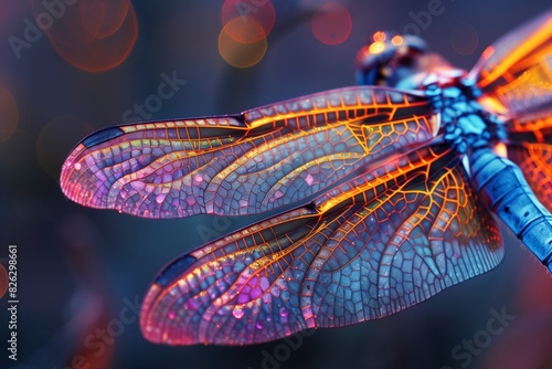 close up of an animal dragonfly in the wild on blurred lights