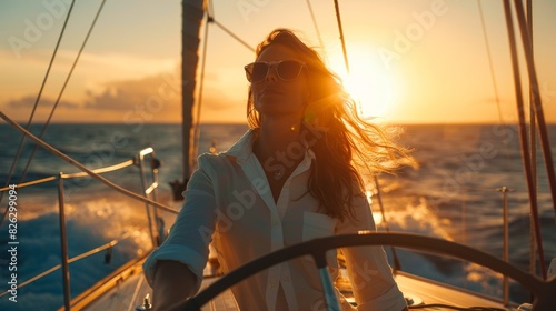 A female ship captain is navigating a sailing boat in sea.