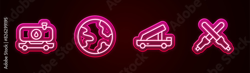 Set line Fuel tanker truck, Worldwide, Passenger ladder and Marshalling wands. Glowing neon icon. Vector