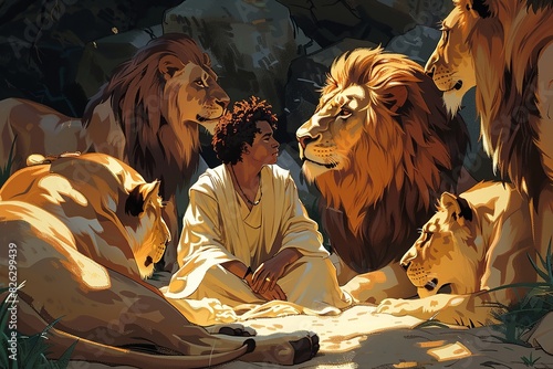 Experience the miraculous scene of Daniel standing unharmed amidst majestic lions, their ferociousness tamed by divine intervention. Light streams down, illuminating the awe and wonder as both Daniel 