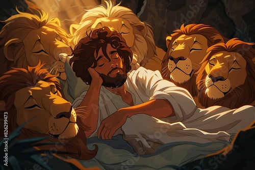 Experience the miraculous scene of Daniel standing unharmed amidst majestic lions, their ferociousness tamed by divine intervention. Light streams down, illuminating the awe and wonder as both Daniel 