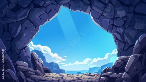 The cartoon depicts an entrance to a cave in the mountain with a landscape view of rocks and blue sky. It was created with artificial intelligence.