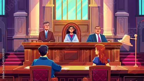 An illustration of a courtroom interior background featuring judges, prosecutors, legal secretaries, and defendants or accused sitting at the judge's table.