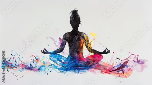 Painting of a woman sitting cross-legged in a meditation position with colorful paint splashes