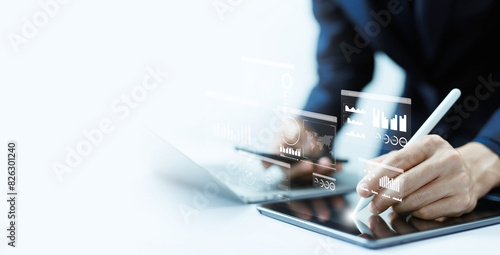 analyst manages the system database, analysis data plans shows a dashboard chart on the computer. concept of analytics business, research on platform digital technology, and reports