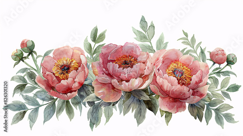 Elegant watercolor drawing of peony blossoms and foliage, great for modern wedding invitations, isolated on white background