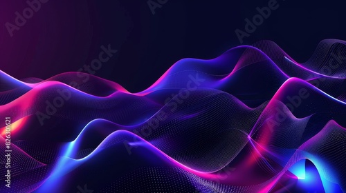 a black background with a few neon colors waves, geometric waves shapes, dark blue, purple, black, mostly black 