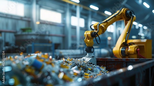 Robotic arm is working in a modern waste processing plant.