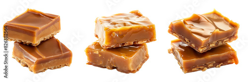 Isolated on a white background, two pieces of toffee topped with melted caramel..