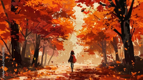 The autumn season depicts a girl wandering through a forest during the fall season. A girl is enjoying a magnificent view with orange trees flying off into the distance. Nature, park, and outdoor