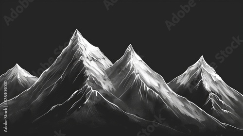 In the form of a black and white illustration, mountains are drawn on a black backdrop. Mountain peaks appear on the black background.