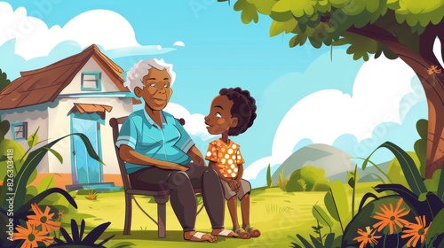A black elderly woman sits on a chair with a child near a house in an illustration