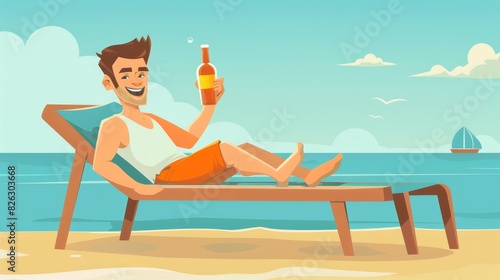 A young caucasian white man is sitting on a chaise-longue on the beach. He is relaxed and drinking beer. Modern cartoon illustration. Horizontal arrangement.