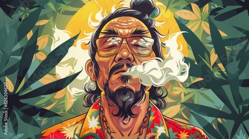 Cartoon illustration of an Asian man smoking marijuana.