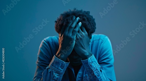Closeup young African man working late at his workplace with hands hiding his face. African American businessman stressed by deadlines and tension