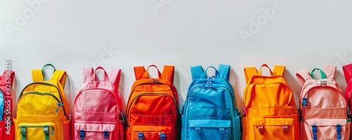 Colorful row of backpacks lined up against a white background for back to school