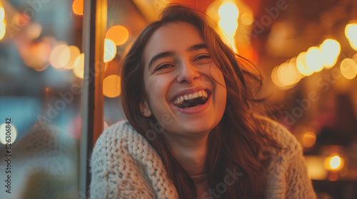 A joyful woman laughing with blurred colorful lights in the background, suggesting happiness and fun