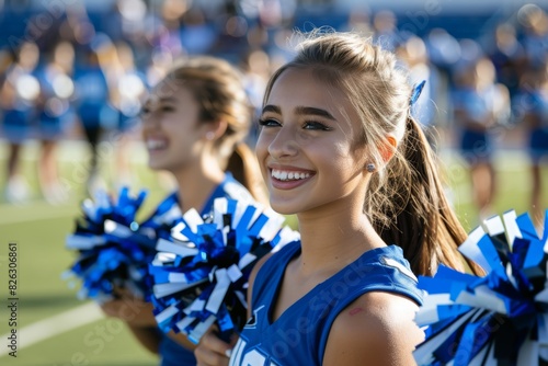 Team coach, cheerleader, and outdoor fitness, training, and warm-up for group. Trainer and athlete women compete, perform, and motivate with cheering pompom